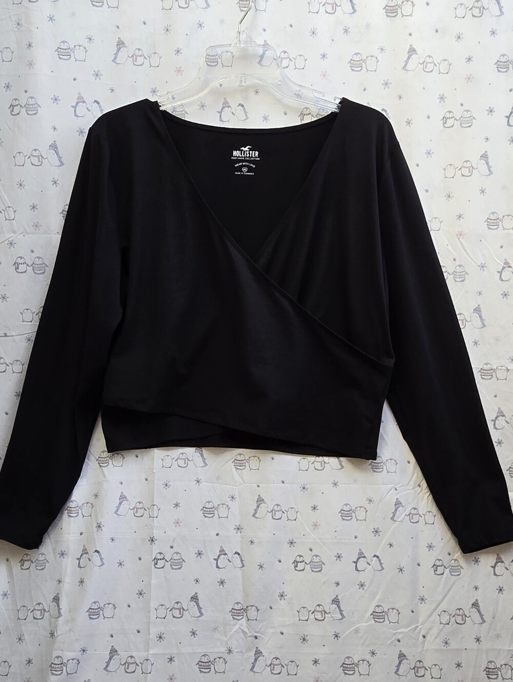 Hollister Black Wrap-Front Cropped Long Sleeve Top